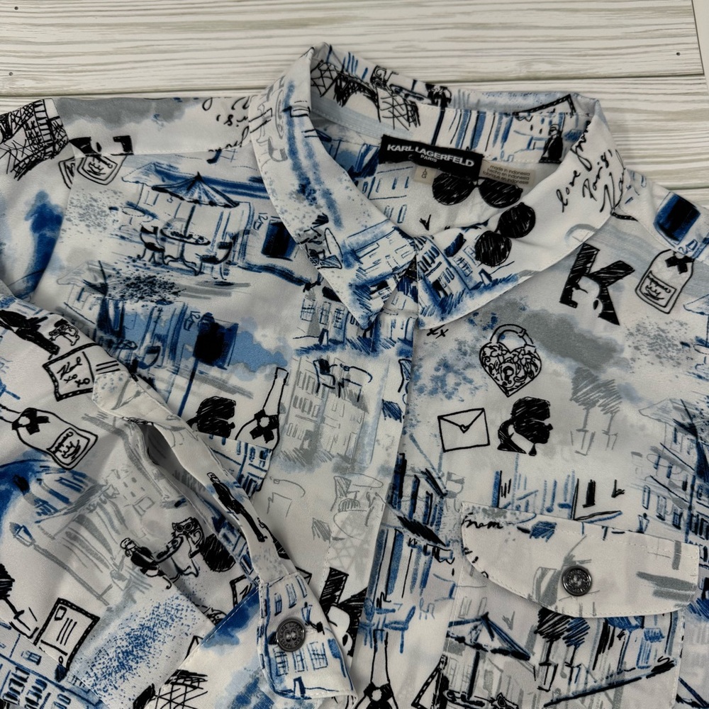 Karl Lagerfeld White and Blue Graphic Blouse